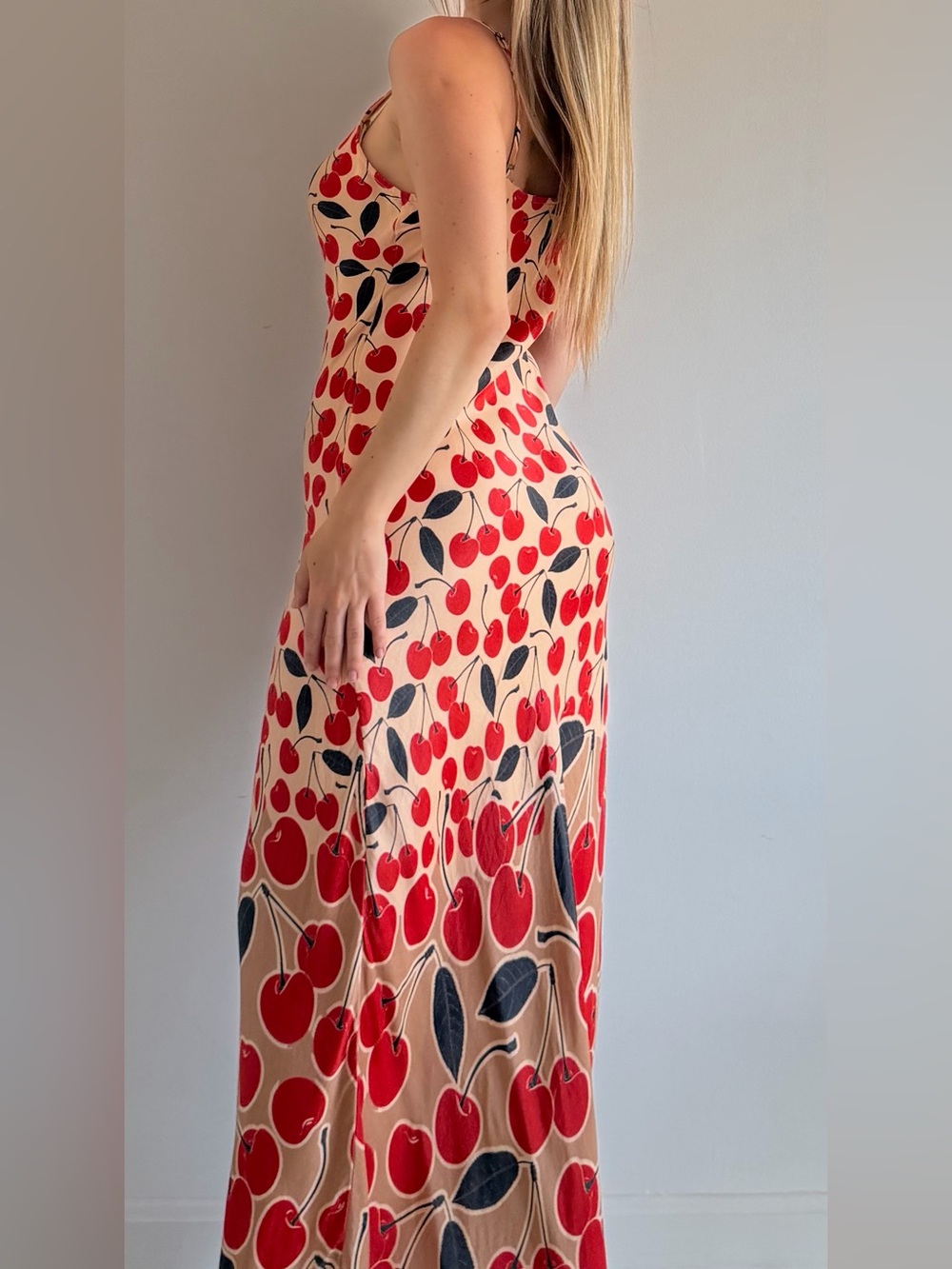 Anthropologie Maeve Cherry Print Slip Maxi Dress Size M / S Viscose Satin Boho - Picture 3 of 6
